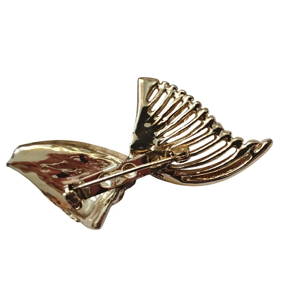 Brooch Gold Teal Blue AB Rhinestone Abstract Wing Fan Vintage Style Pin‎